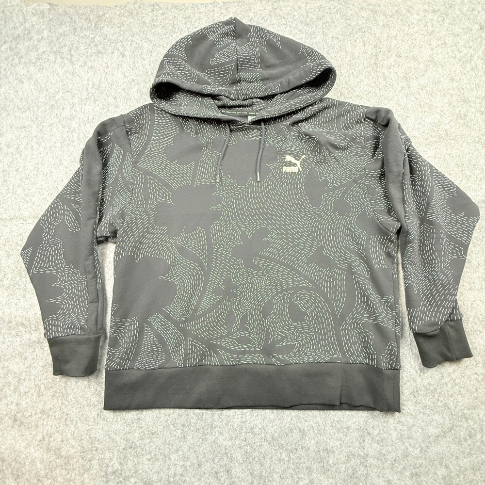Puma Womens Size L Abstract‎ Floral Dash Print Hoodie Gray Gold Logo 598960-61